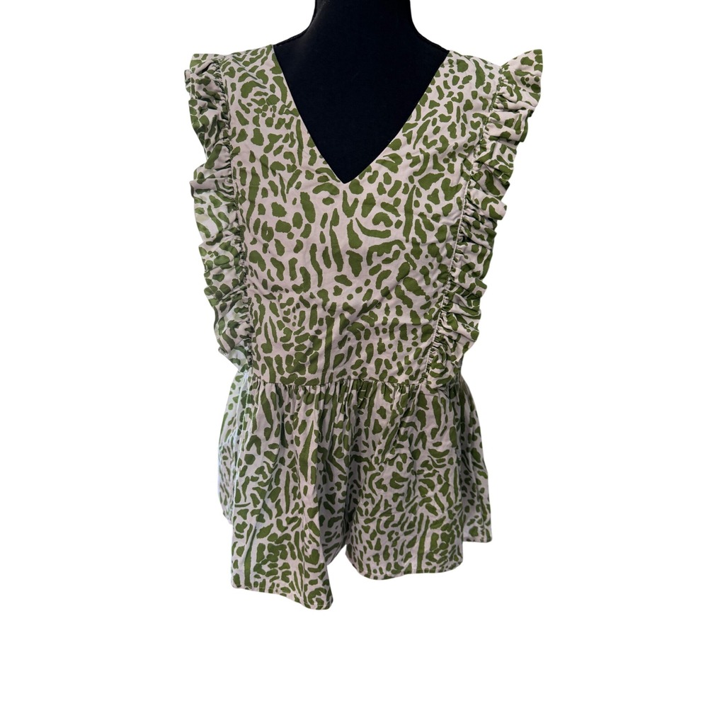 LaRoque Original Ruffle Sleeve Peplum‎ Top Women's Large Green & White Cotton